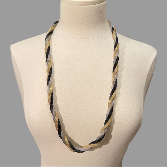 Vintage Braided Mesh Long Black Silver Gold Necklace - Picture 1 of 3